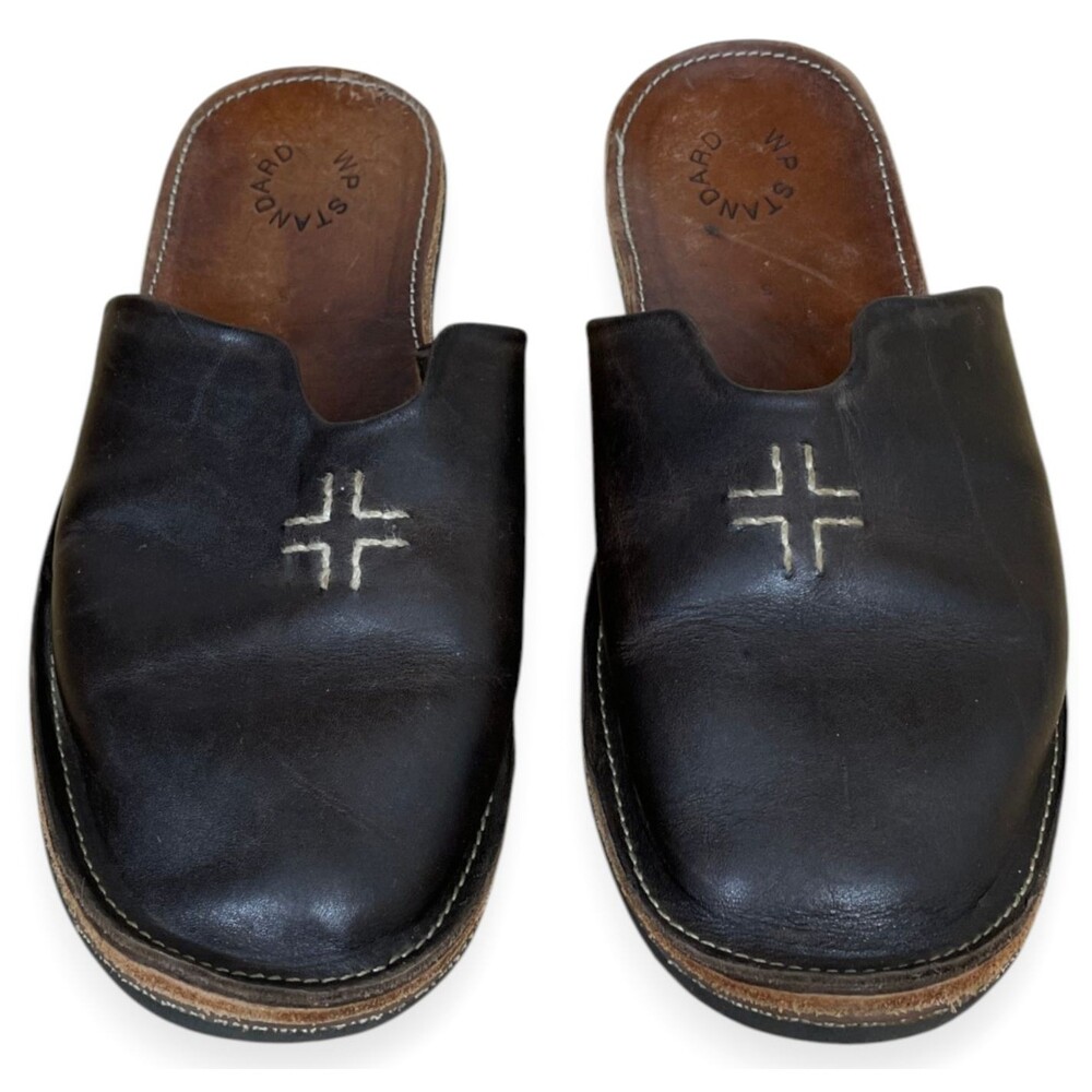 WP Standard Mr. Grumpy Leather Slippers Mens S 7 8 Brown Mules Shoes Embroidered
